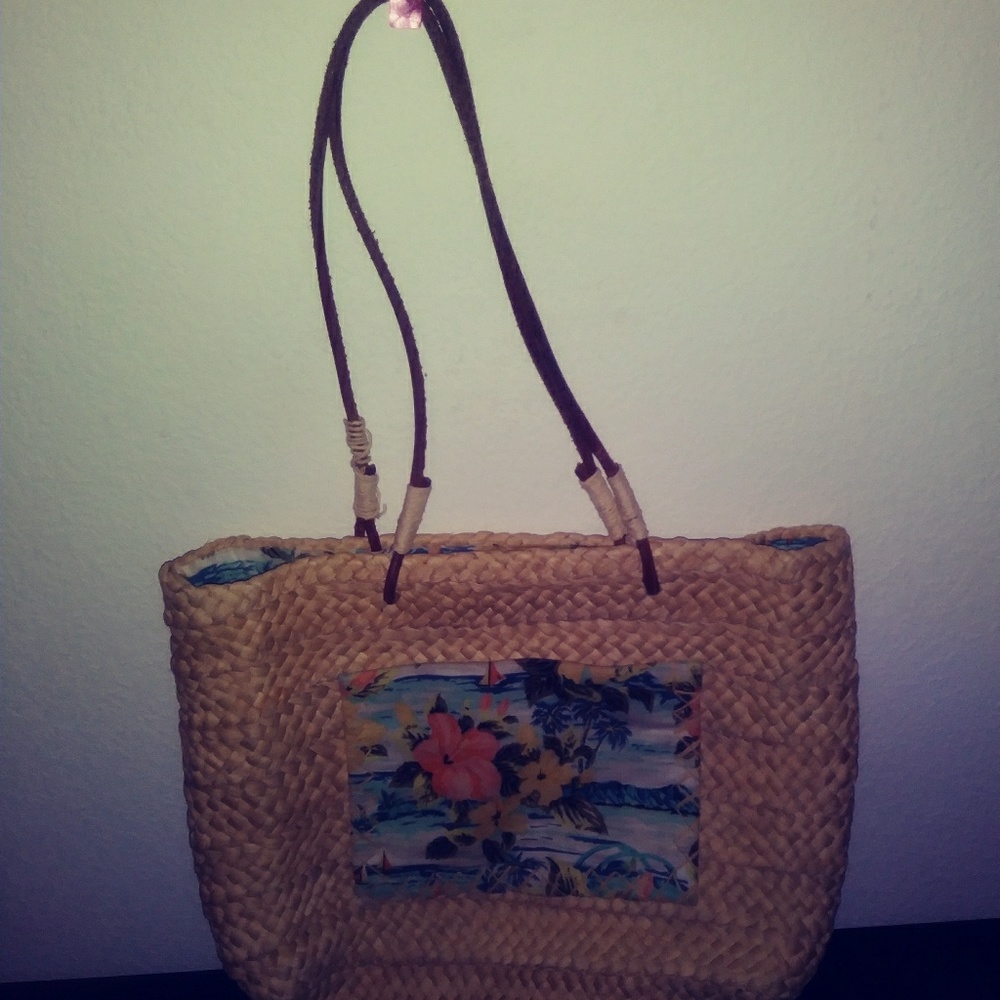 Hawaiian Print Wicker and Bamboo/Tweed Purse